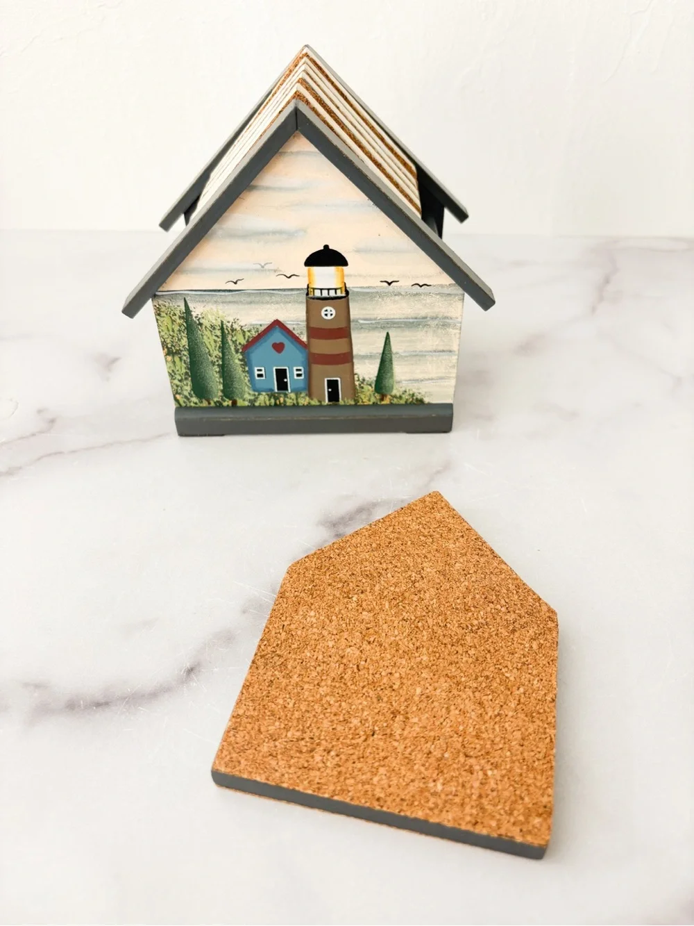 Hand-Painted Lighthouse Wooden and Cork Coaster Set - Coastal Blue & Tan